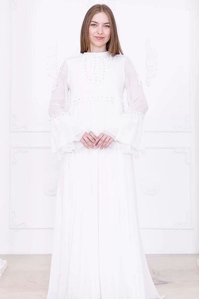 lodmela Ruffle Detail Beaded Chiffon Evening Dress 2730-White