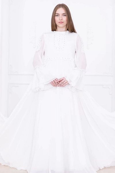 lodmela Ruffle Detail Beaded Chiffon Evening Dress 2730-White