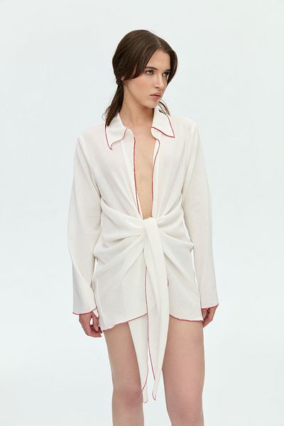 PELIA Gaia White Tie-Up Cotton Shirt Dress