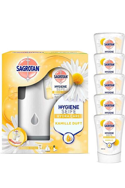 Dettol Sagrotan Soap Dispenser Set + 5 Chamomile Soap Refills 250 ml - compatible with DETTOL