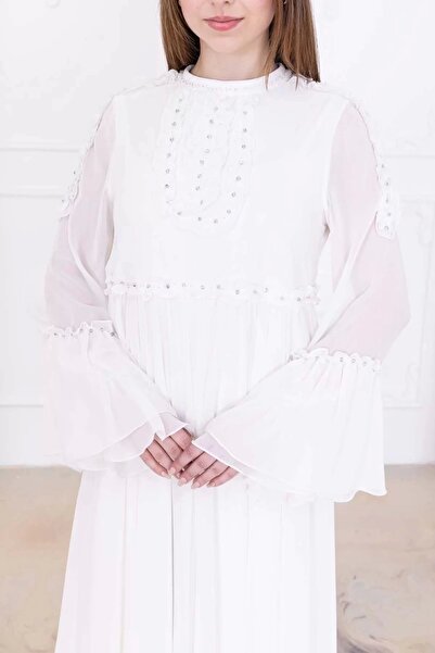 lodmela Βραδινό φόρεμα σιφόν με λεπτομέρεια βολάν με χάντρες 2730-Λευκό