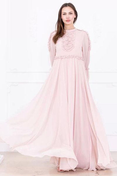 lodmela Ruffle Detailed Beaded Chiffon Evening Dress 2730-Powder