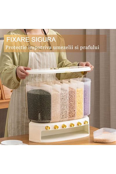 Köken Dispenser pentru depozitarea cerealelor, crupelor, semințelor, Koken, 6 compartimente, Înălțime 36 cm, Alb