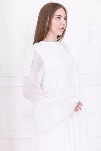 lodmela Βραδινό φόρεμα σιφόν με λεπτομέρεια βολάν με χάντρες 2730-Λευκό