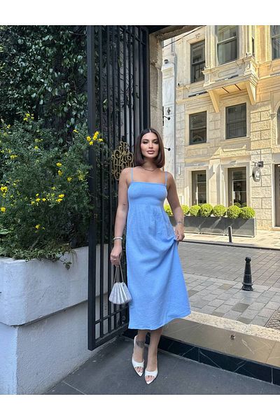 Stil Sepeti Women's Blue Square Neck Strap Gipeli Muslin Fabric Midi Dress Ely-100045715