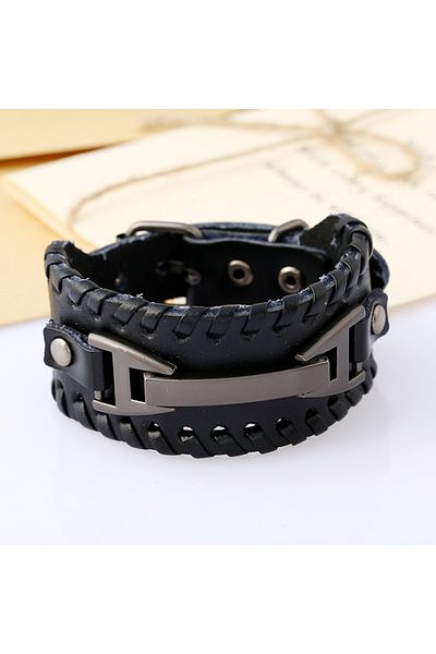 Tessero Men's bracelet made of braided natural leather, metallic pattern, strap closure, Tessero, black