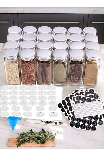 COOYA Set of 24 spice bottles,reusable with airtight lids,labels and funnels,for spices,herbs, powders