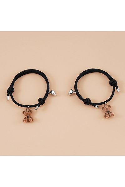 Tessero Set of two string bracelets with magnet pendant for couples, friends, teddy bear charm, regular size