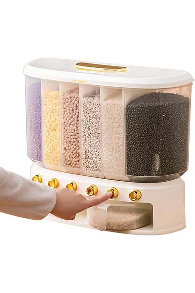 Köken Dispenser pentru depozitarea cerealelor, crupelor, semințelor, Koken, 6 compartimente, Înălțime 36 cm, Alb