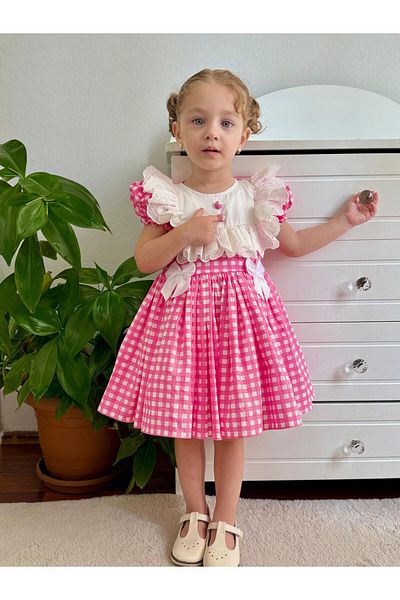 Hly Karol Tasarım Laurel Pink Plaid Vintage Baby Girl Dress,Birthday Dress,Photo Shoot Dress,Suitable for 0-7 Years