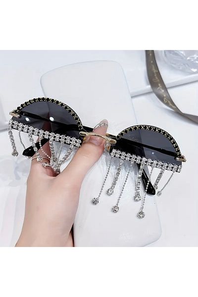 Store Stone Detailed Chain Decorated Half Round Sunglasses – Black