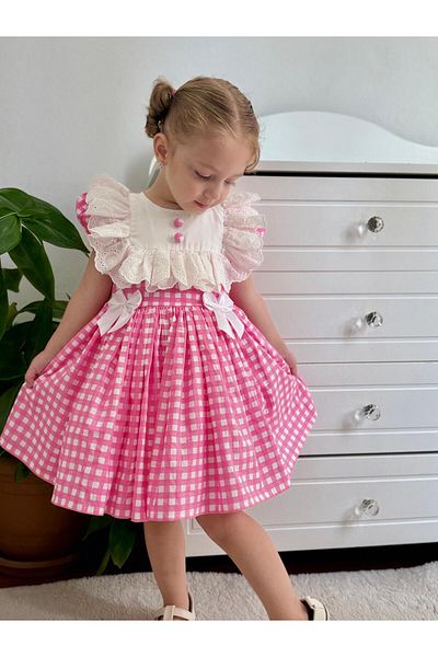 Hly Karol Tasarım Laurel Pink Plaid Vintage Baby Girl Dress,Birthday Dress,Photo Shoot Dress,Suitable for 0-7 Years