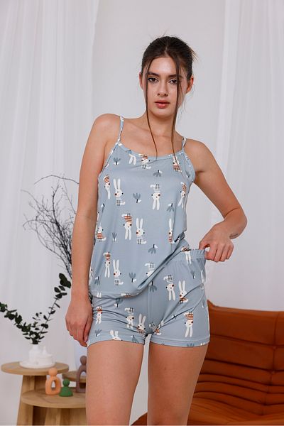 Arvin Pijama Set de pijamale tricotate din țesătură moale cu imprimeu de iepure gri cu pantaloni scurți cu curea