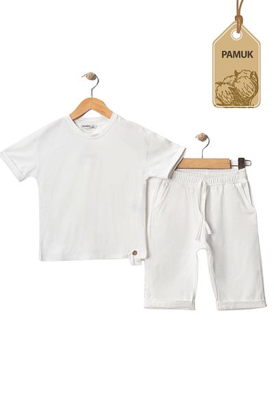 MK Mukko Kids Girl Boy 2 Piece Set Wooden Button Design Basic Summer Bottom Top Set (Beige White)