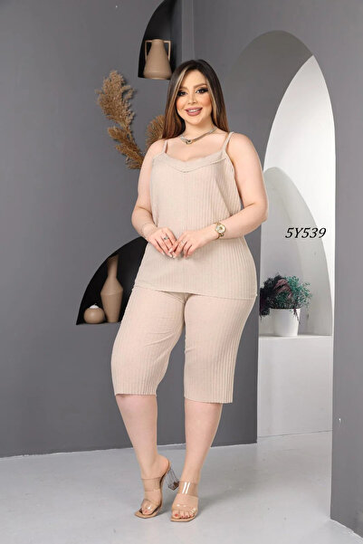 Remon Büyük Beden İp Askılı Kapri Pijama Takımı 5Y539