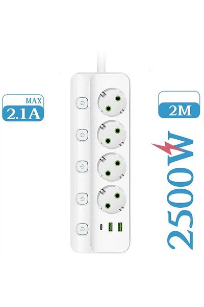 miraza Miraza Multifunctional Extension Cord, 2500w Maximum Power Outlets, 2 x USB-A, 1 x PD USB-C, 2M Cable