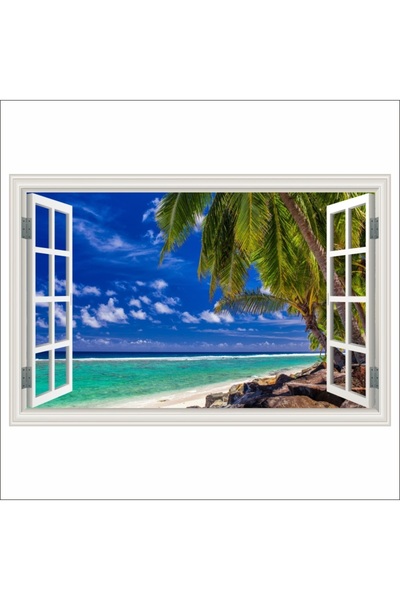 media Fototapet Fereastra Palmieri, plaja tropicala, 135 x 90 cm