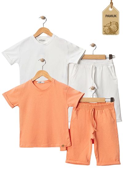 MK Mukko Kids Girl Boy 2 Piece Set Wooden Button Design Basic Summer Bottom Top Set (Beige White)