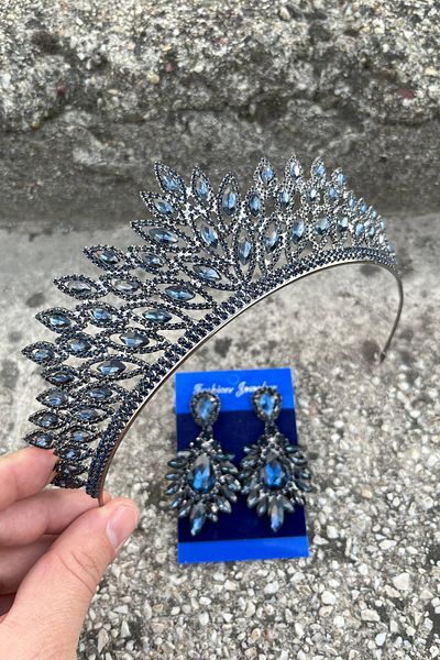 Hobigram Alexa Navy Blue Bridal Henna Crown Special Occasion Accessory Women's Crown and Wide Shuttle Earrings Set