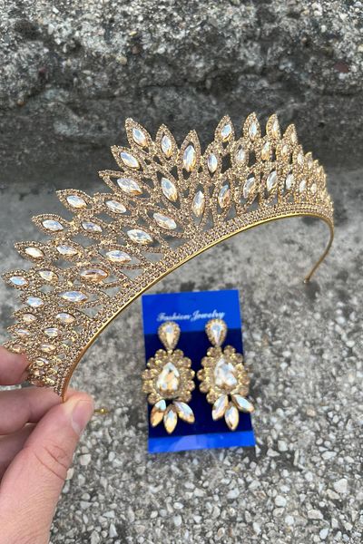 Hobigram Alexa Gold Bridal Henna Crown Special Occasion Accessory Women's Crown and Three Shuttle Earrings Set – Crown, Crystal Stone