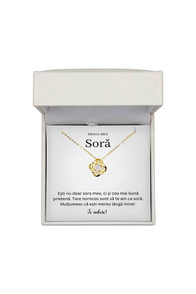 The Jewel Heart Colier Cadou pentru Soră – Argint 925 Placat cu Aur 14K, Cu Mesaj și Cutie LED