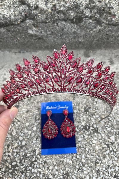 Hobigram Alexa Burgundy Bridal Henna Crown Special Occasion Accessory Women's Crown and Drop Shuttle Earrings Set
