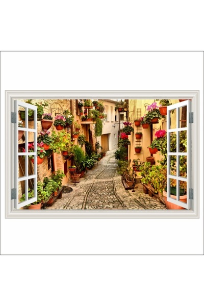 media Fototapet Fereastra Strada cu flori din Spello, Umbria, 135 x 90 cm