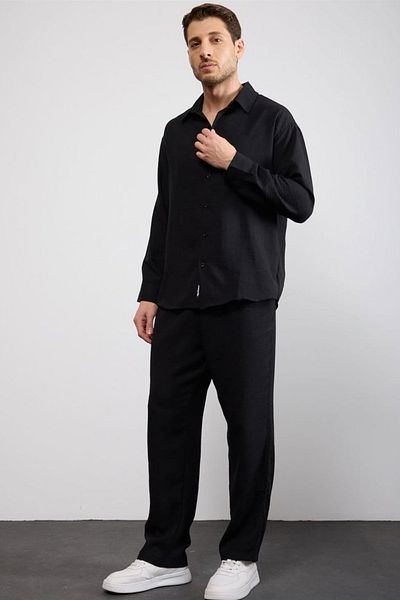 thesunfyre Men's Linen Relaxed Fit Baggy Pants and Long Sleeve Oversize Shirt Bottom Top Set