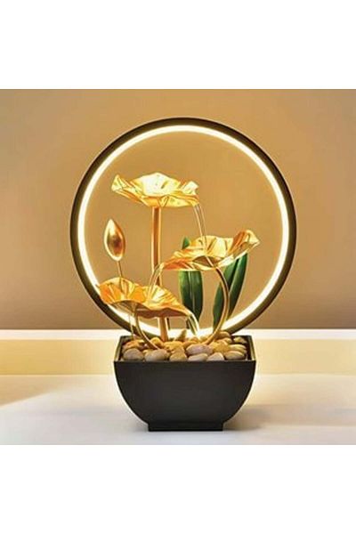 xpress sales Fântână decorativă cu inel luminos LED și frunze aurii pentru interior Ø22 x 13 x 28 cm