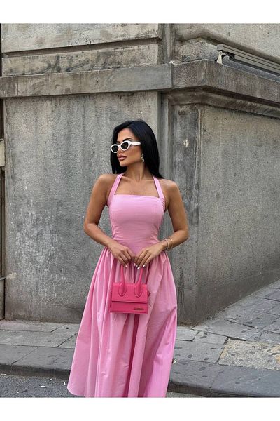 Stil Sepeti Rochie maxi pentru femei, roz, cu gât și spate, cu detaliu Gipe, căptușită din țesătură poplin ELY-100041230
