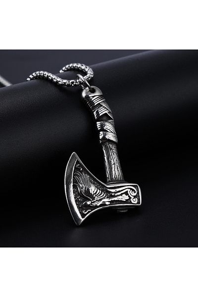 Tessero Lantisor design cubic cu pandantiv VIking in forma de topor cu detaliu vultur, otel inoxidabil, plac