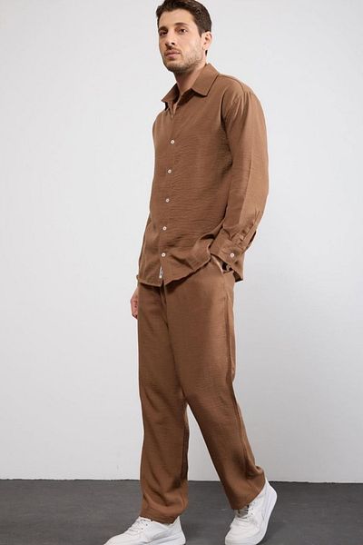 thesunfyre Men's Linen Relaxed Fit Baggy Pants and Long Sleeve Oversize Shirt Bottom Top Set