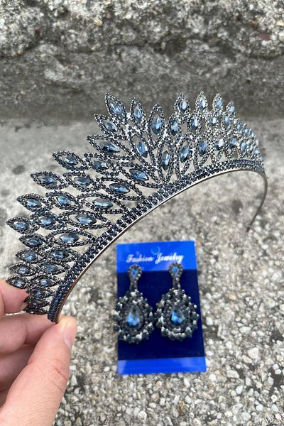 Hobigram Alexa Navy Blue Bridal Henna Crown Special Occasion Accessory Women's Crown and Drop Shuttle Earrings Set