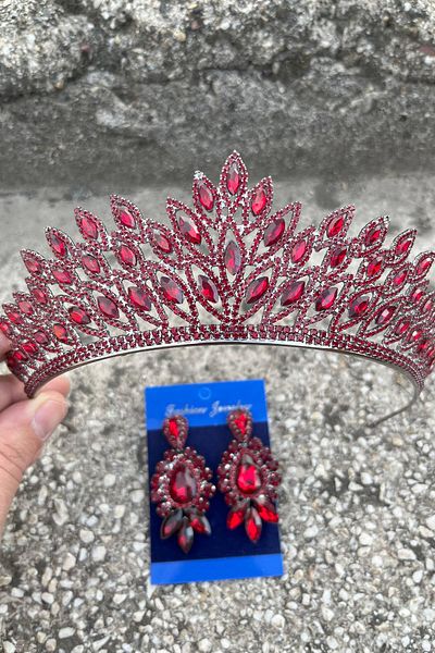Hobigram Alexa Burgundy Bridal Henna Crown Special Occasion Accessory Women's Crown and Three Shuttle Earrings Set – Crown, Crystal Stone