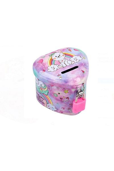 OEM Unicorn piggy bank heart shape with lock 8x8x6 cm Pink