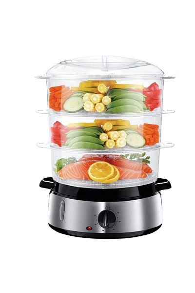 Sofia Concept Aparat de gatit cu aburi Fitfoodie Steel, 800W, 9L, Timer, Oprire automata, 3 cosuri, Black/Silver