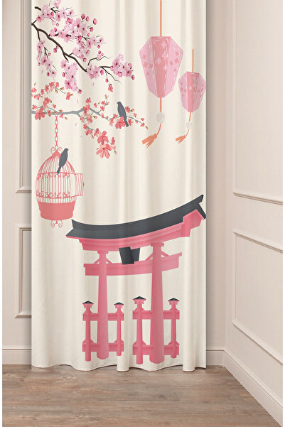 GREENDECOR Sakura Flower Bird Bohemian Japan Beige Pink Patterned Special Design Digital Printed (Single Wing) Background Curtain