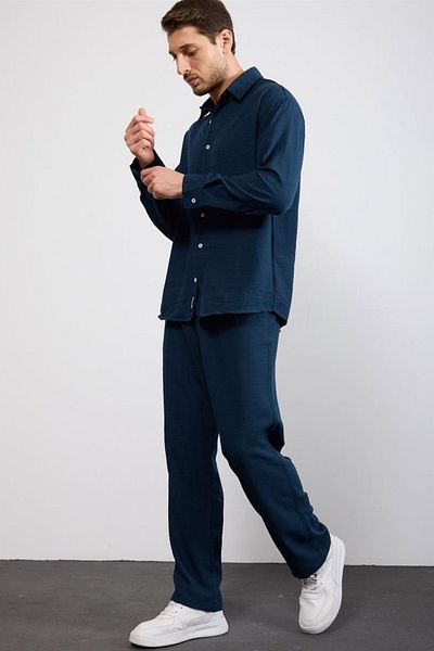 thesunfyre Men's Linen Relaxed Fit Baggy Pants and Long Sleeve Oversize Shirt Bottom Top Set