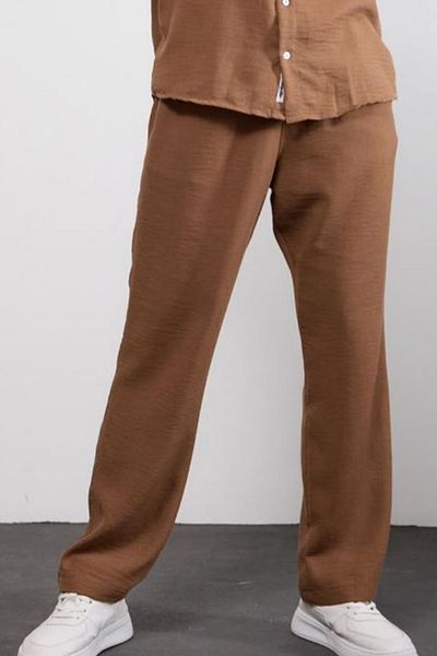 thesunfyre Men's Waist Tie Baggy Fit Relaxed Fit Linen Look Trousers