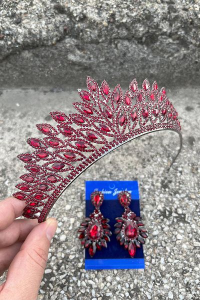 Hobigram Alexa Burgundy Bridal Henna Crown Special Occasion Accessory Women's Crown and Wide Shuttle Earring Set