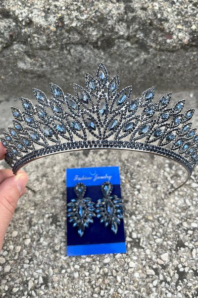Hobigram Alexa Navy Blue Bridal Henna Crown Special Occasion Accessory Women's Crown and Thin Shuttle Earring Set
