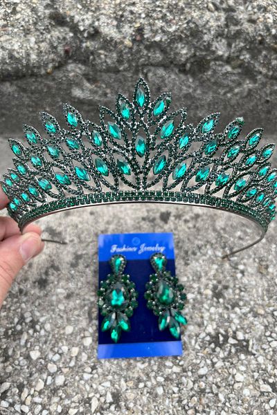 Hobigram Alexa Green Bridal Henna Crown Special Occasion Accessory Women's Crown and Three Shuttle Earrings Set – Crown, Crystal Stone