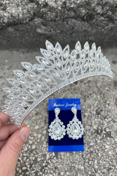 Hobigram Alexa Silver Bridal Henna Crown Special Occasion Accessory Women's Crown and Drop Shuttle Earrings Set