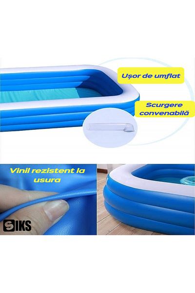 SIKS Piscină gonflabilă de exterior/grădină pentru adulți sau copii, 210 x 135 x 54 cm, 3+ ani, albastră