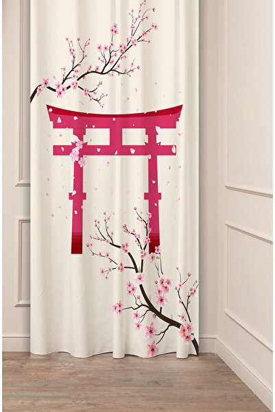 GREENDECOR Cortina de fundal Sakura Flori Bohémian Japonia, bej moale, roz, cu model, design special, imprimat digital (cu o singură aripă)