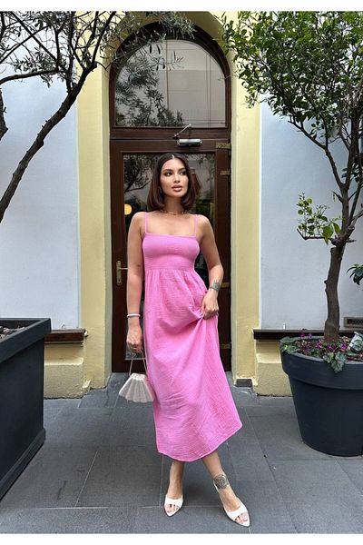 Stil Sepeti Rochie midi din țesătură de muselină Gipeli cu guler pătrat roz pentru femei ELY-100045715