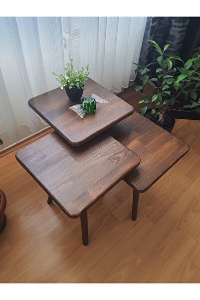 Ekübya Home Doğal Masif Ahşap Kare Üçlü Zigon Sehpa Takımı (3'lü)