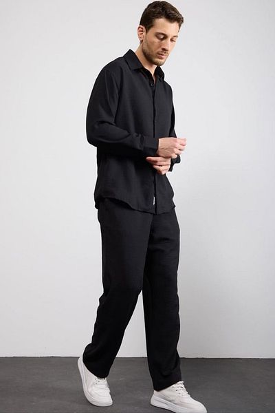 thesunfyre Men's Linen Relaxed Fit Baggy Pants and Long Sleeve Oversize Shirt Bottom Top Set