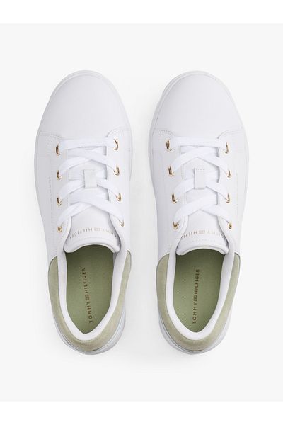 Tommy Hilfiger Women White & Earth Sage Casual Cupsole Low Top Sneakers