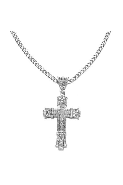 Tessero Lantisor Cuban Chain cu pandantiv Iced Out in forma cruce, model byzantine, pietre zirconiu, placat